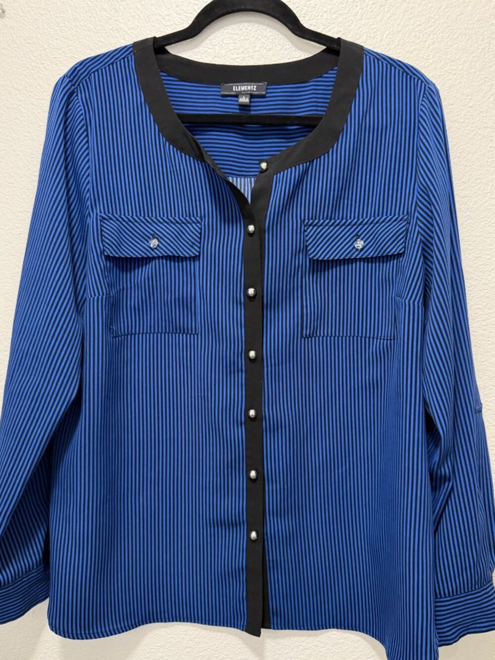 Elementz black and blue striped button down long sleeve blouse, Large